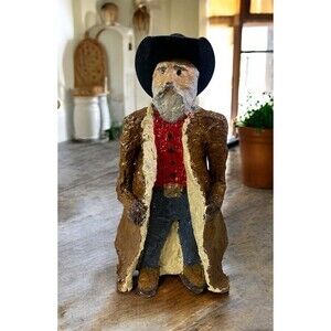 Folk Art Cowboy Frontiersman Paper Clay Sculpture Figurine Hand Painted 8.5” T